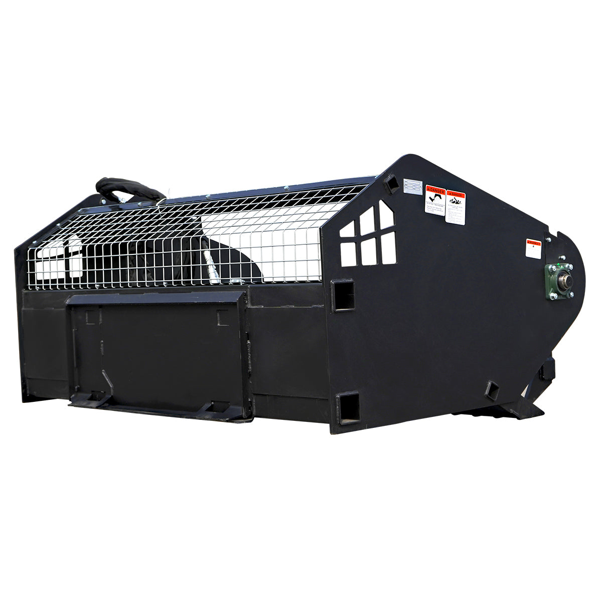 A heavy-duty black metal agricultural loader bucket with a wire mesh safety cage and protective guard