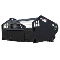 A heavy-duty black metal agricultural loader bucket with a wire mesh safety cage and protective guard