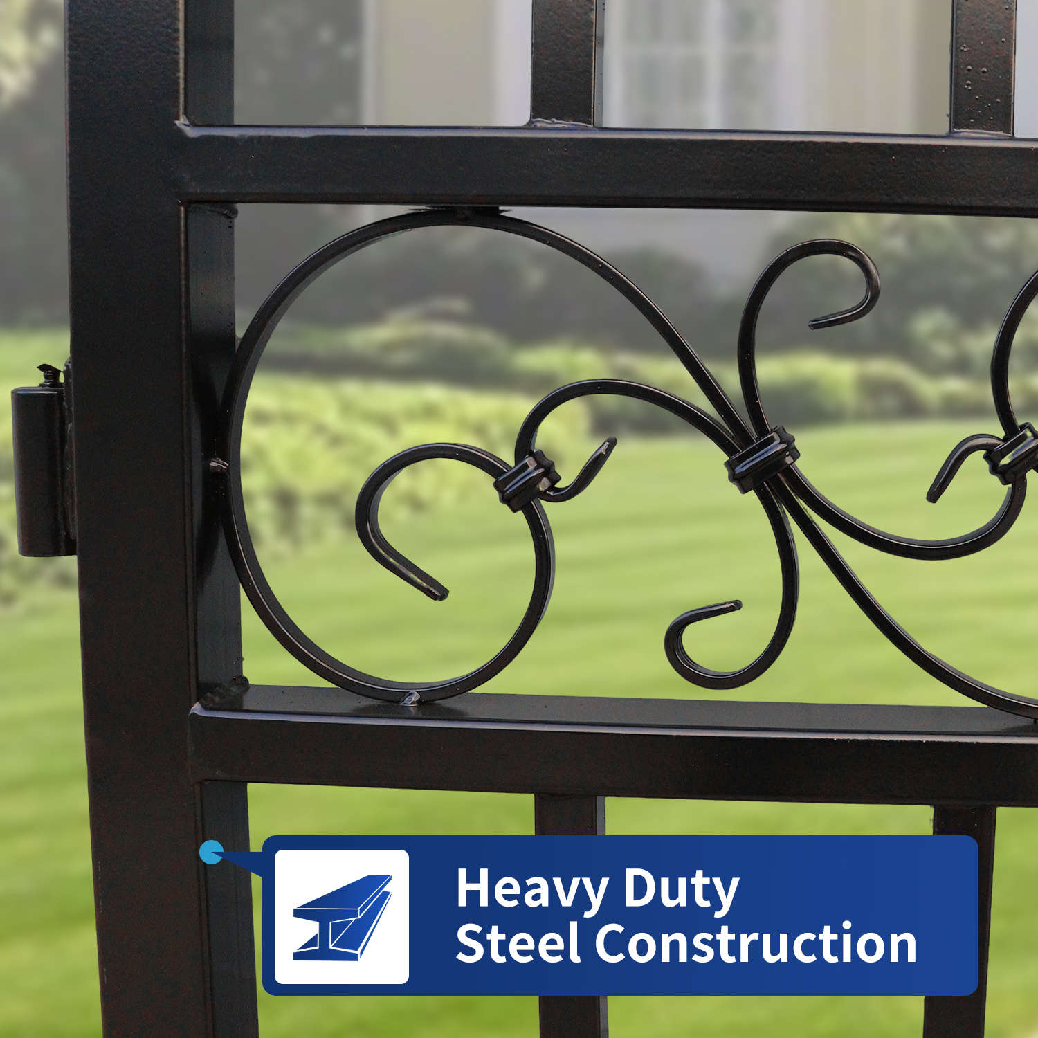 The horse pattern driveway gate features heavy duty steel construction