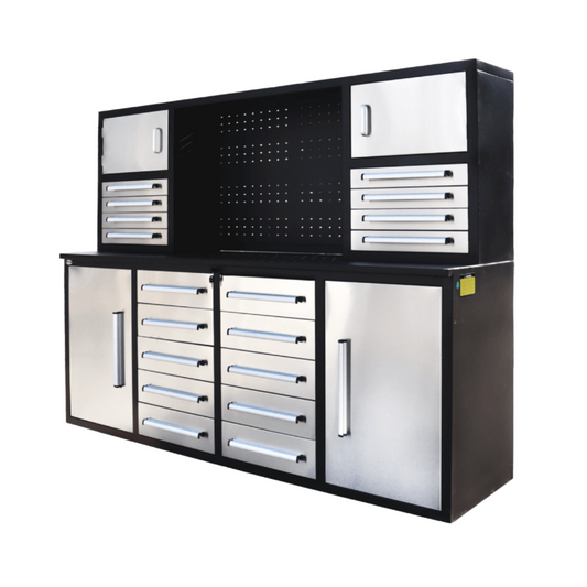 7' Garage Storage Cabinet with Workbench (18 Drawers & 4 Cabinets & Pegboard)#color_Silver