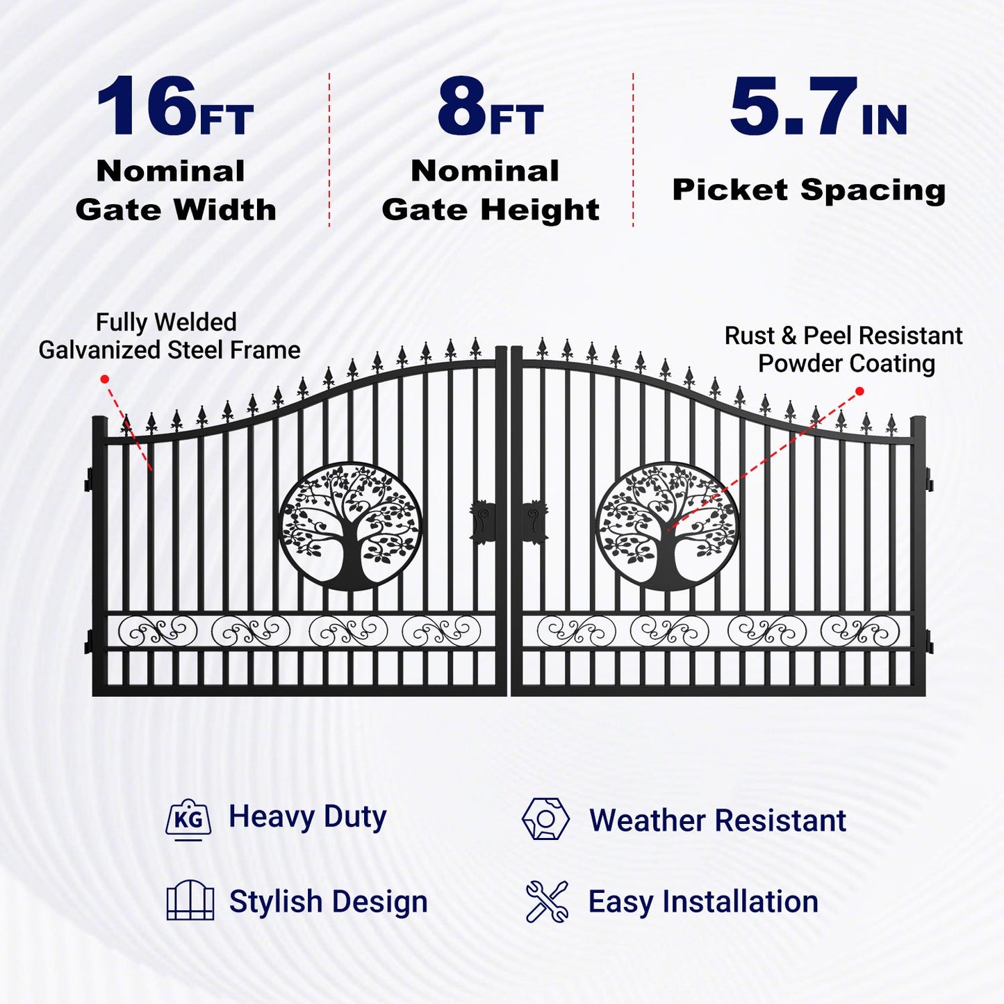 16x8 ft Steel Dual Swing Driveway Gate with Tree Pattern