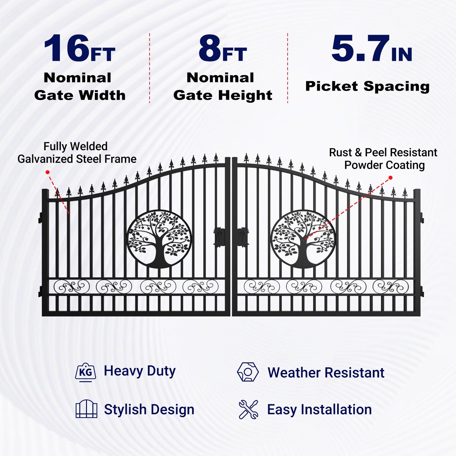 16x8 ft Steel Dual Swing Driveway Gate with Tree Pattern