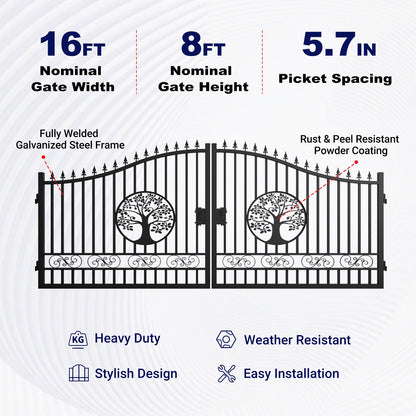 16x8 ft Steel Dual Swing Driveway Gate with Tree Pattern