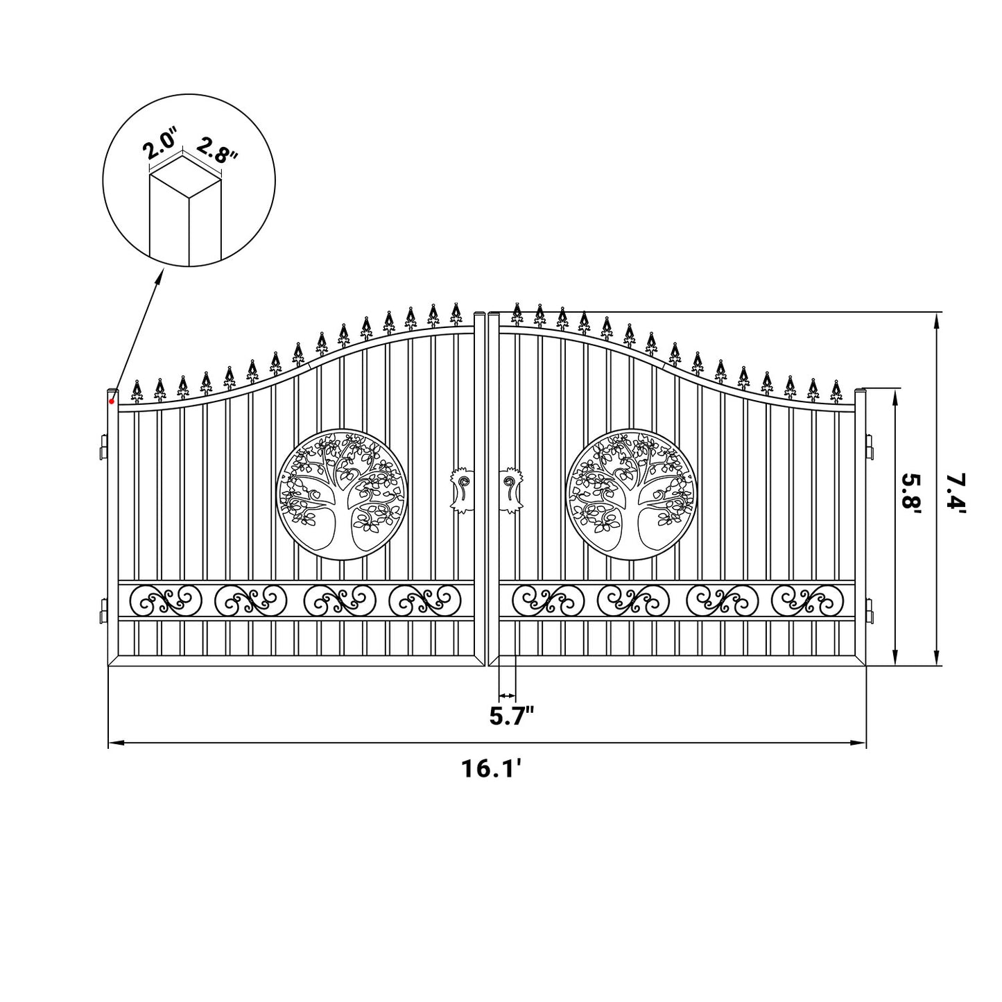 16x8 ft Steel Dual Swing Driveway Gate with Tree Pattern