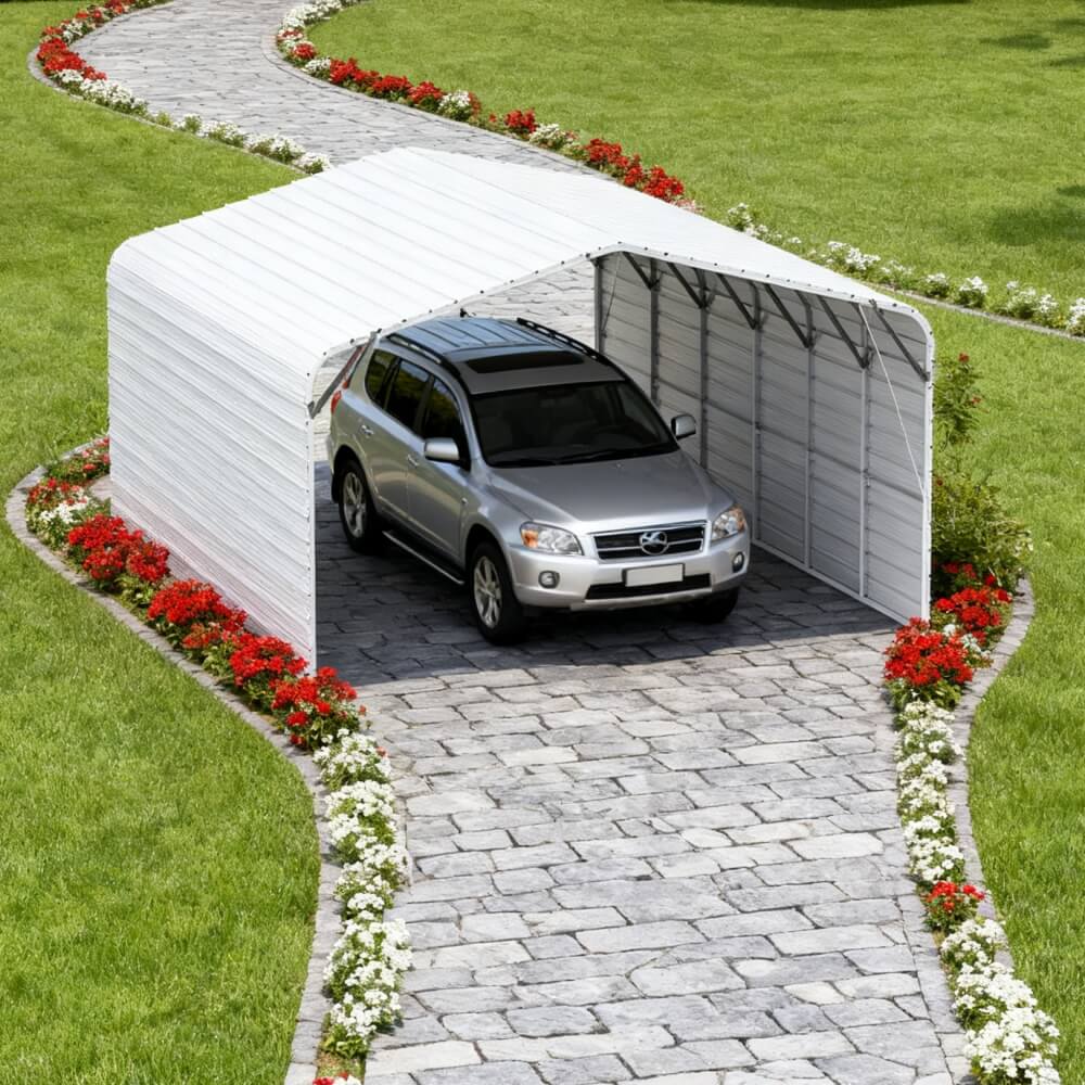 Car parked inside a white portable garage on a grassy area with a paved pathway.