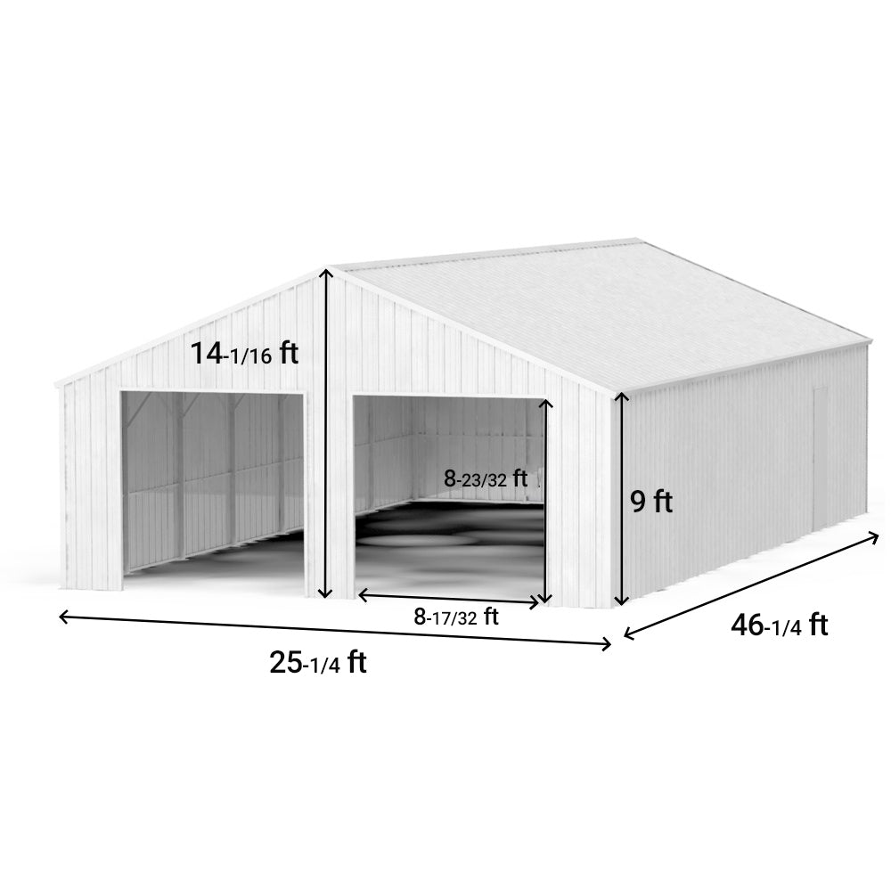 Dimensions of a white storage shed with clear measurements on a white background