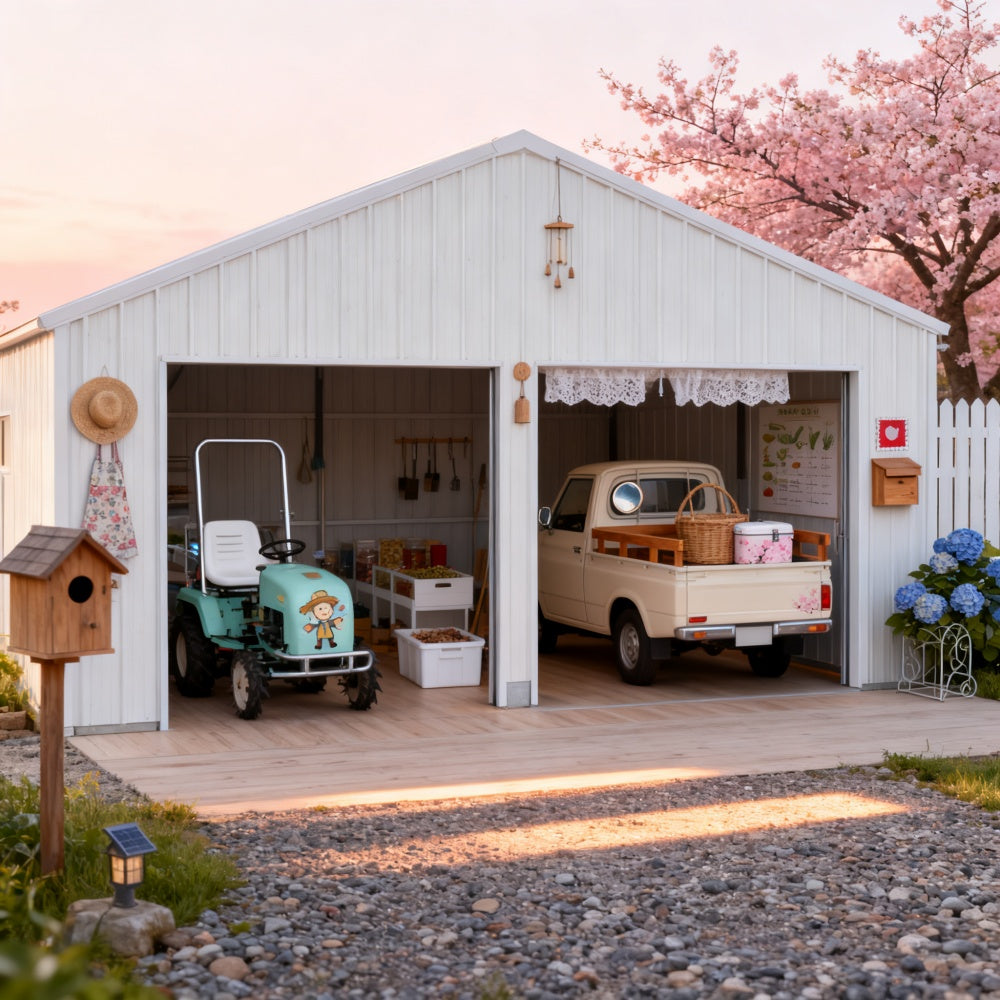 White garage with open doors, displaying a vintage truck and lawn mower, with cherry blossoms in the background.