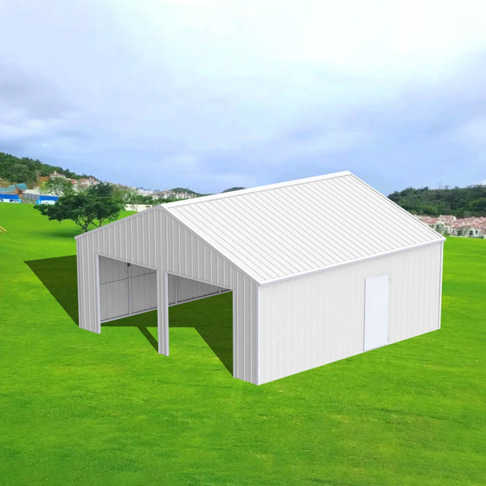 White storage shed on a grassy field with a clear sky#color_White