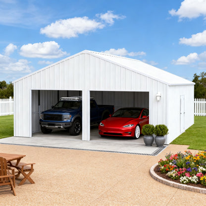 White metal garage with two cars parked inside, surrounded by a garden and picnic area.#color_White