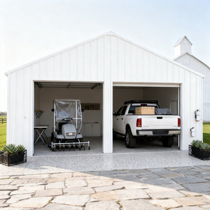 White two-car garage with a truck and golf cart inside, stone driveway leading to it.#color_White