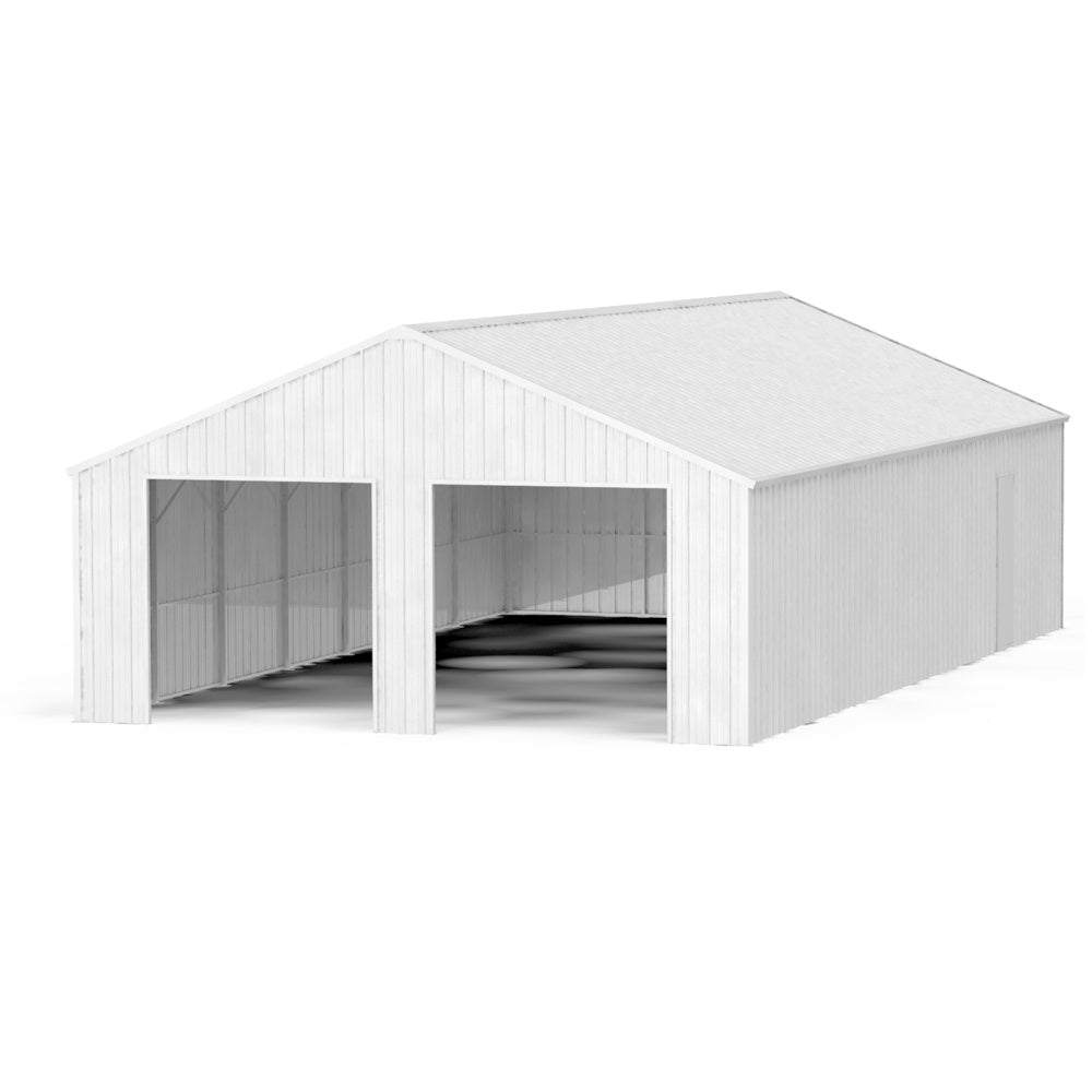 White metal garage with open doors on a white background