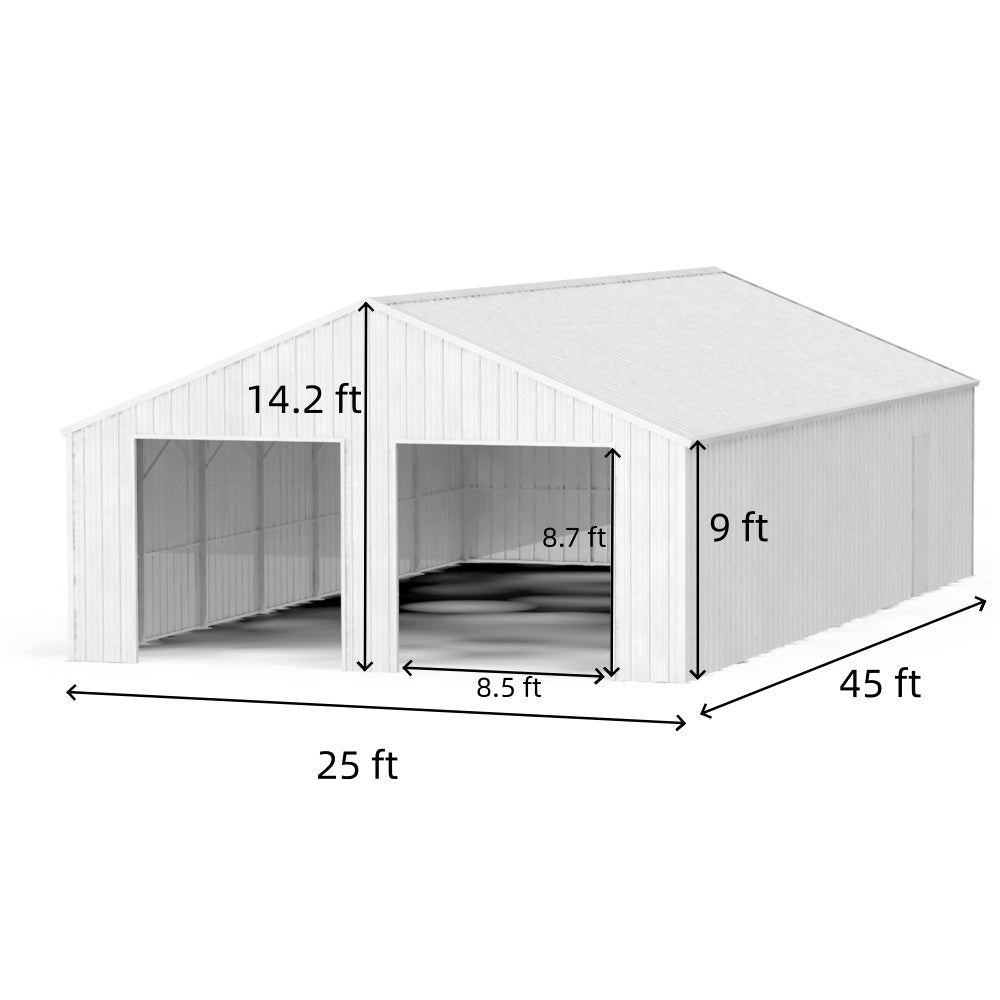 Dimensions of a white storage shed with clear measurements on a white background