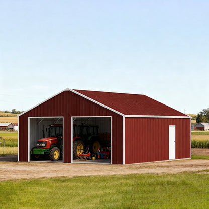 Red metal barn with open doors showing tractors on a clear day#color_Reddish Brown