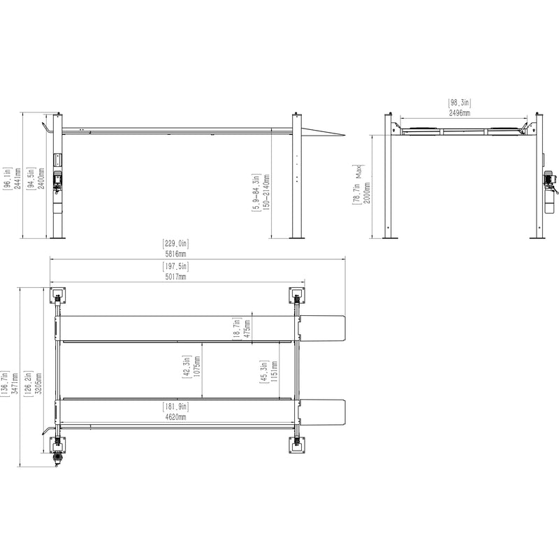 KT-4H110 Four Post Vehicle Lift 11,000lbs Dimension