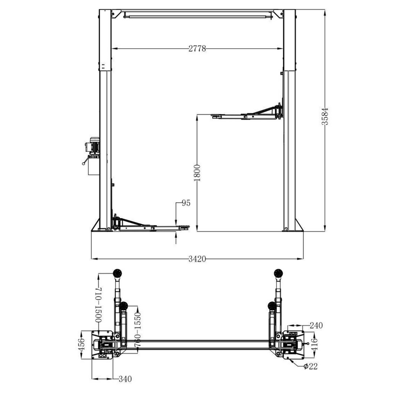 KT-AS110D Two Post Asymmetrical Vehicle Lift 11,000lbs Single Point Lock Release
