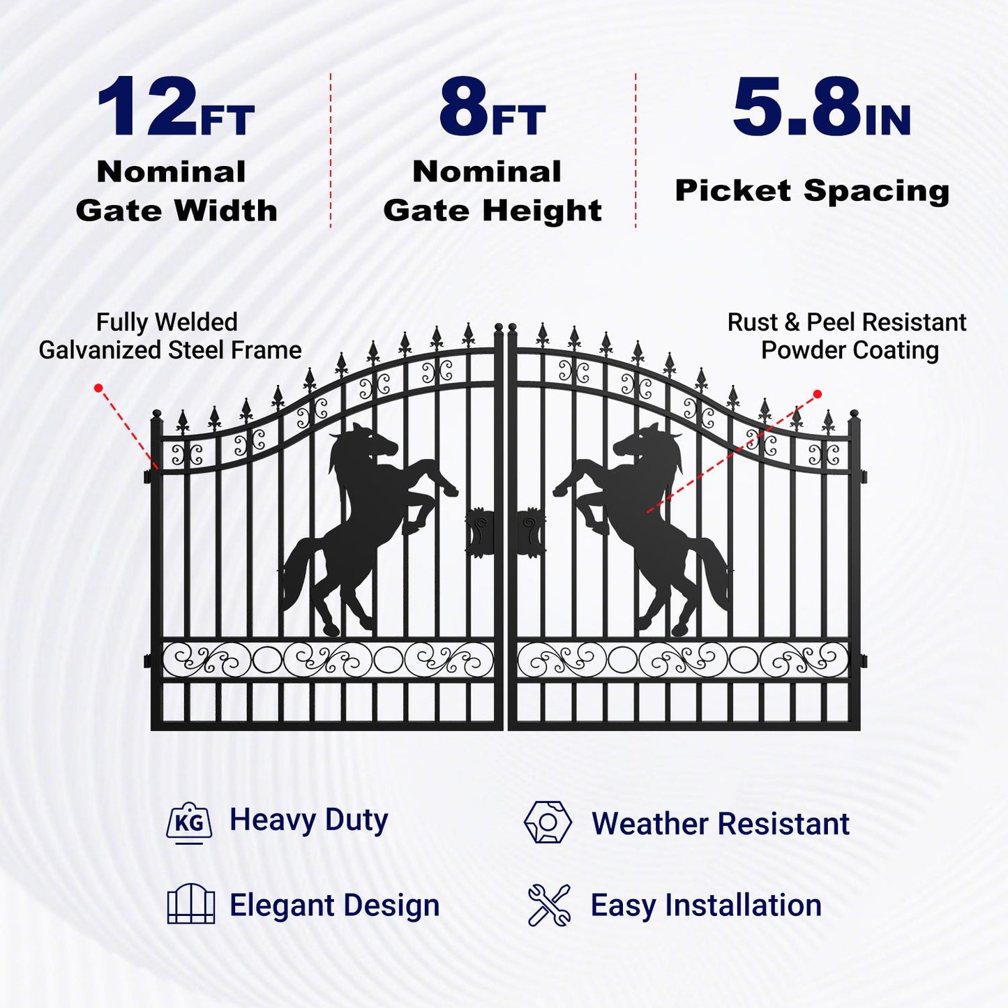 Key Features of 12ft Horse Pattern Dual Swing Driveway Gate