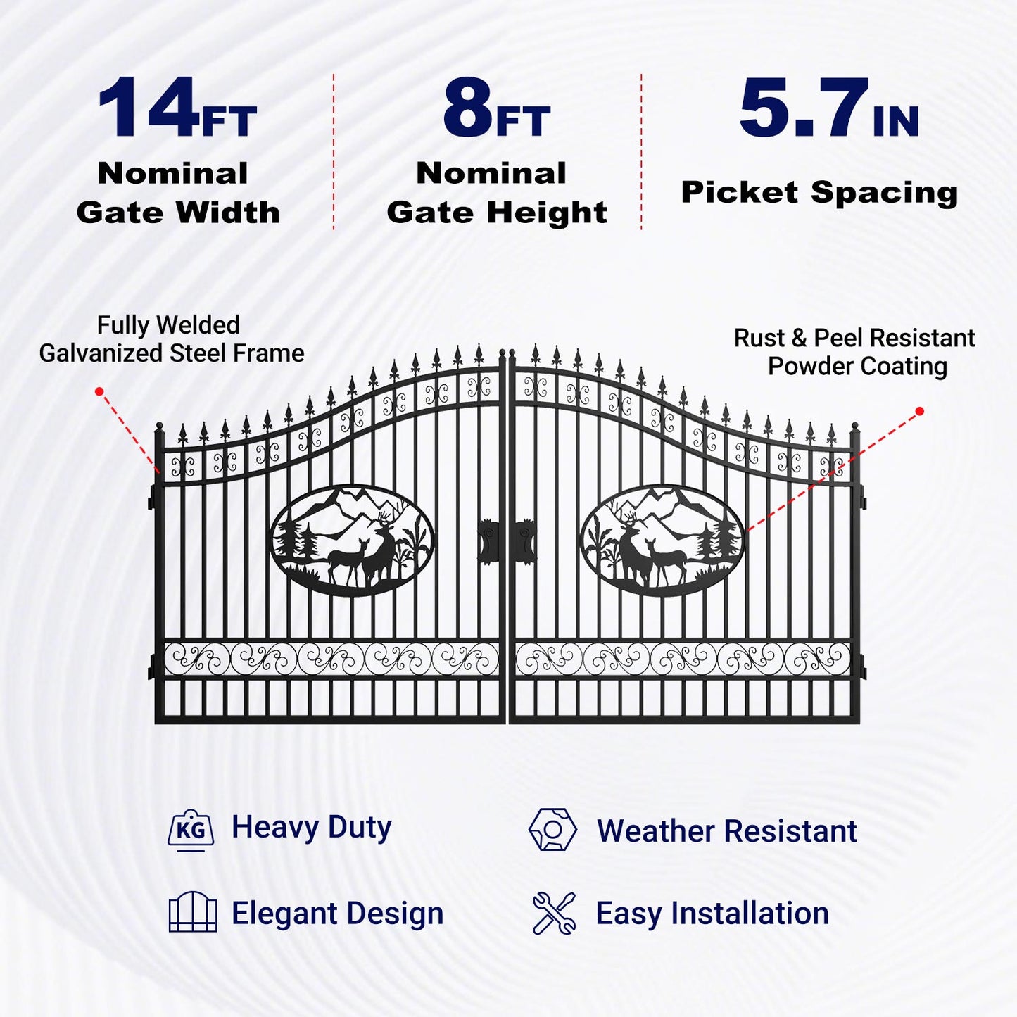 Key features of 14x8 ft Steel Dual Swing Driveway Gate