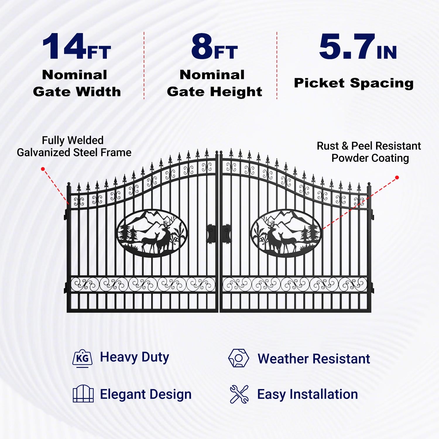 Key features of 14x8 ft Steel Dual Swing Driveway Gate