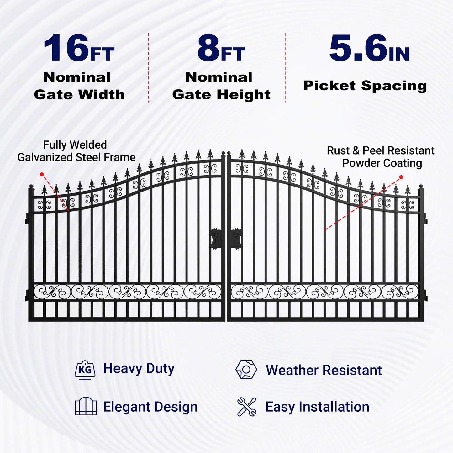 Key Features of 16 ft Steel Dual Swing Driveway Gate with No Decor