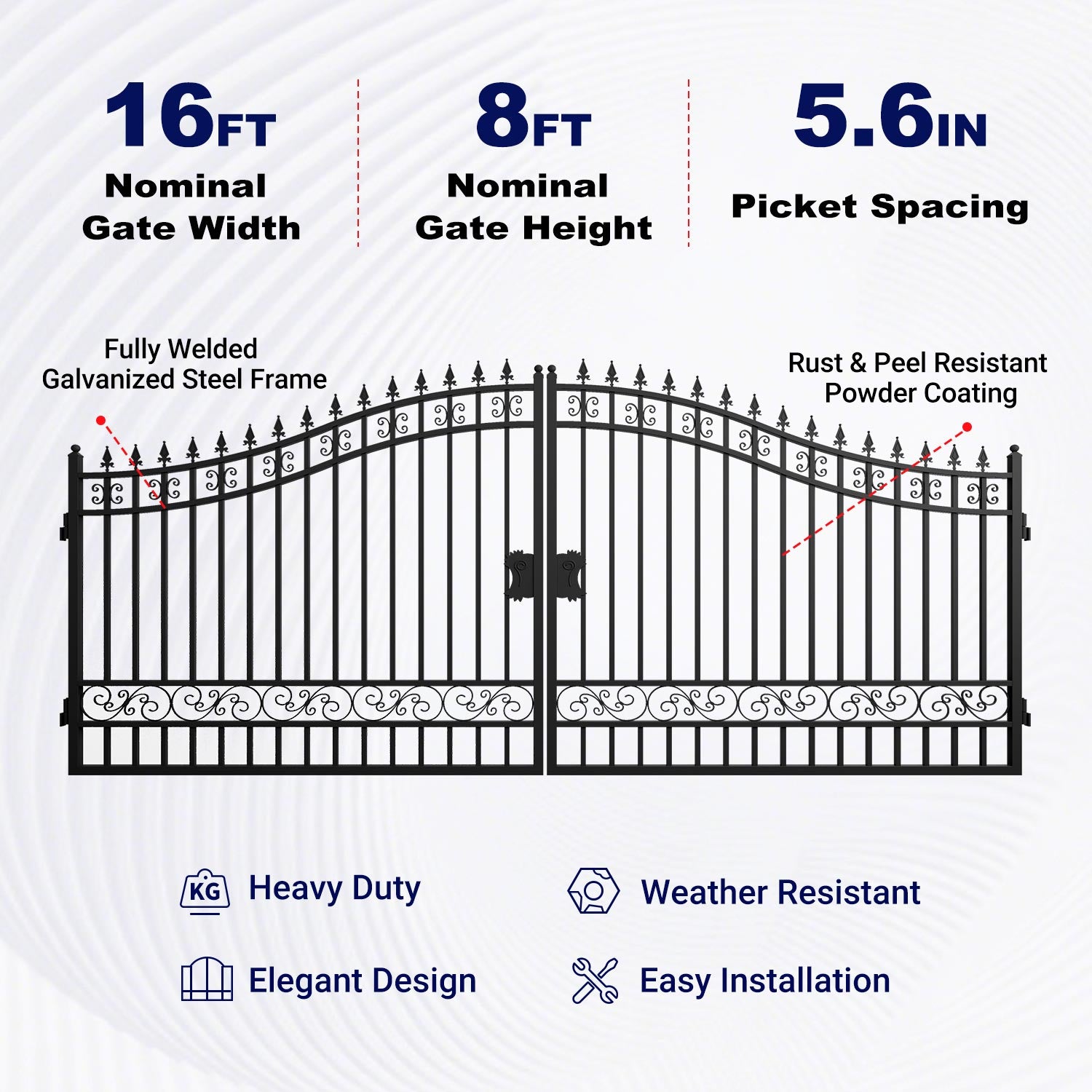 Key Features of 16 ft Steel Dual Swing Driveway Gate with No Decor