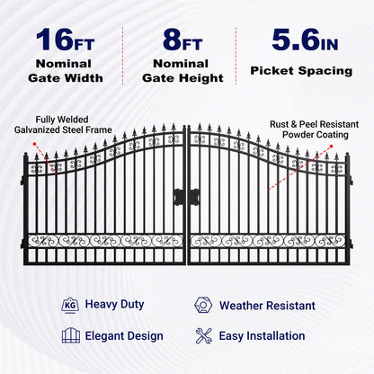 Key Features of 16 ft Steel Dual Swing Driveway Gate with No Decor