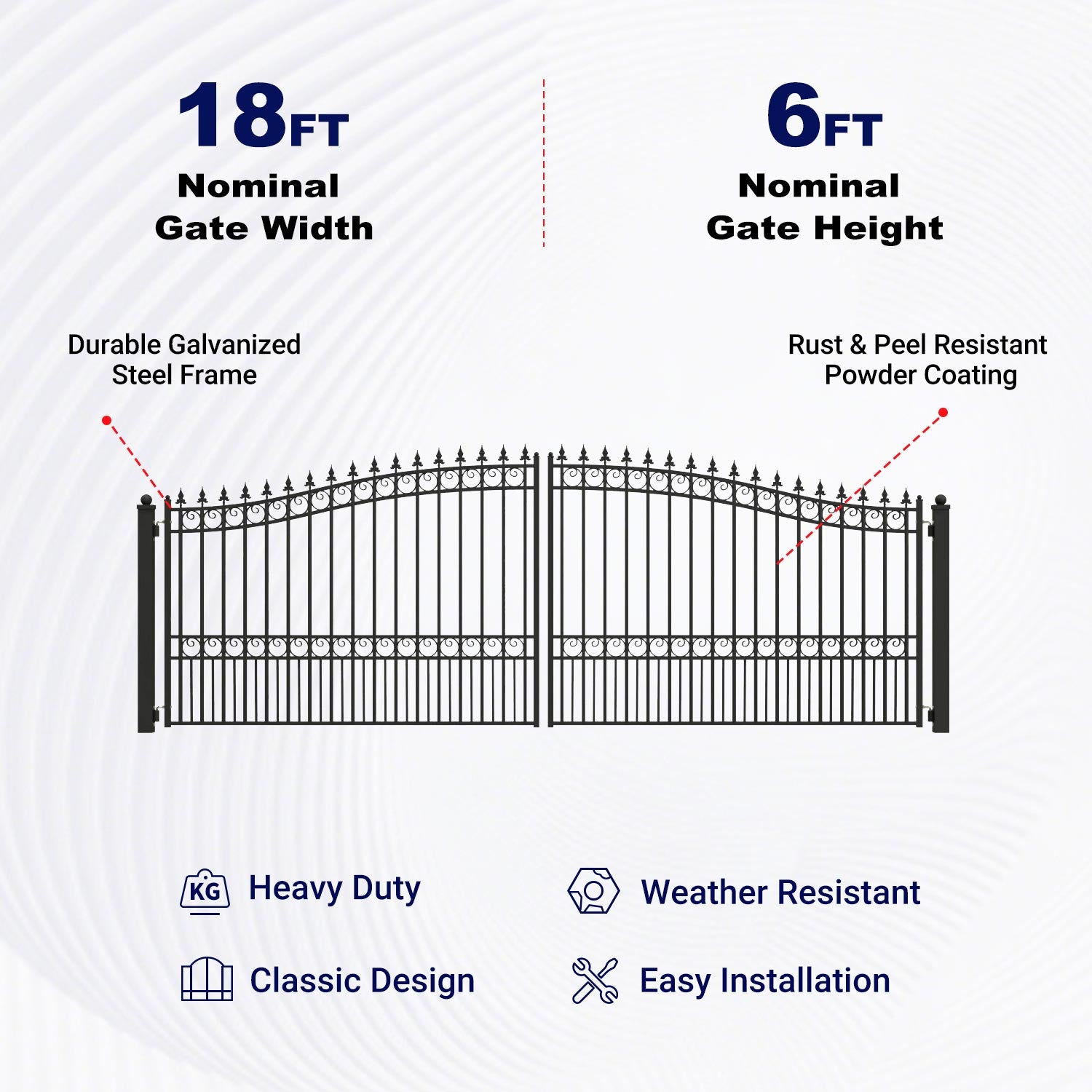 Key Features of 18 ft Steel Dual Swing Driveway Gate - LONDON Style