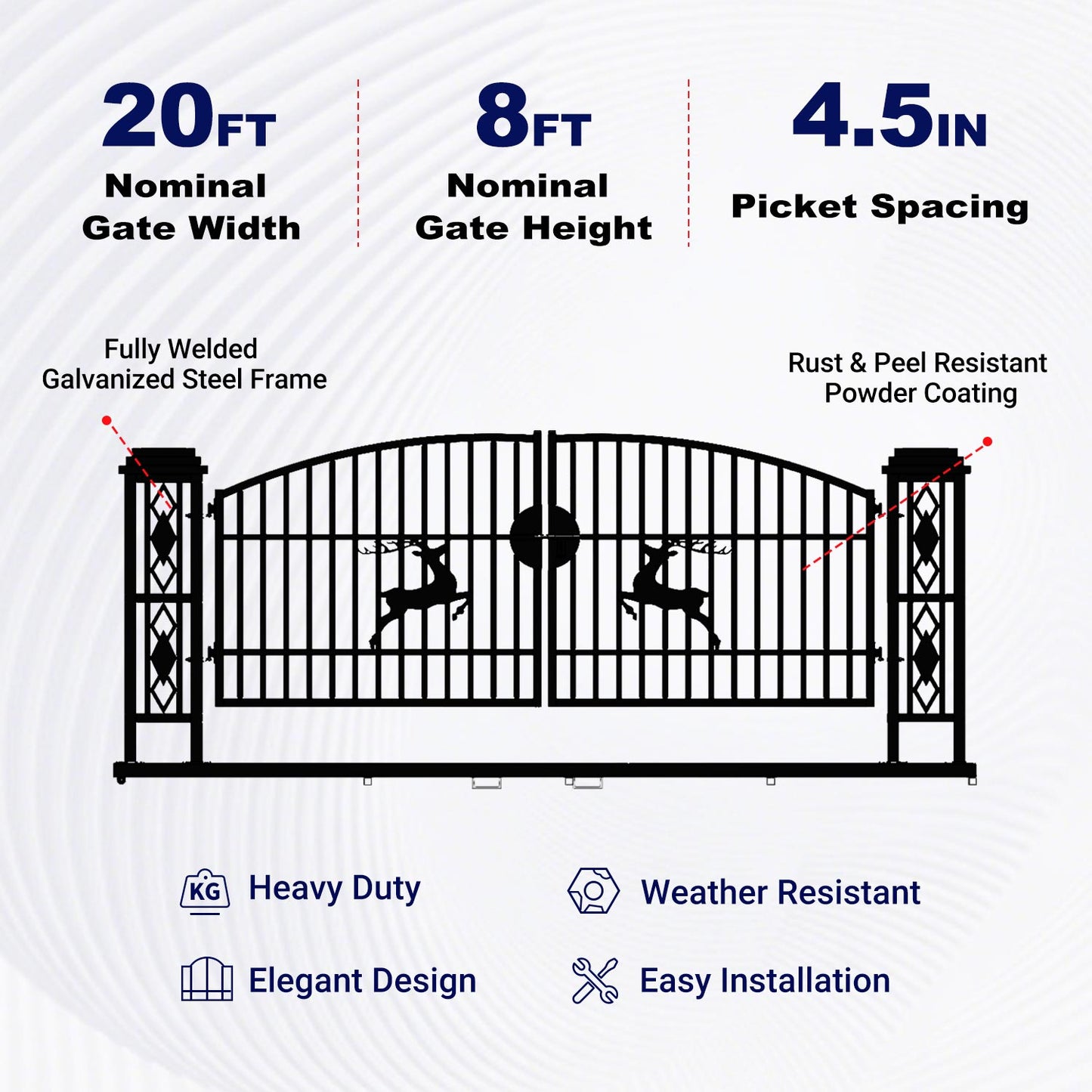 Key features of 20 ft Dual Swing Driveway Gate with Ornamental Posts
