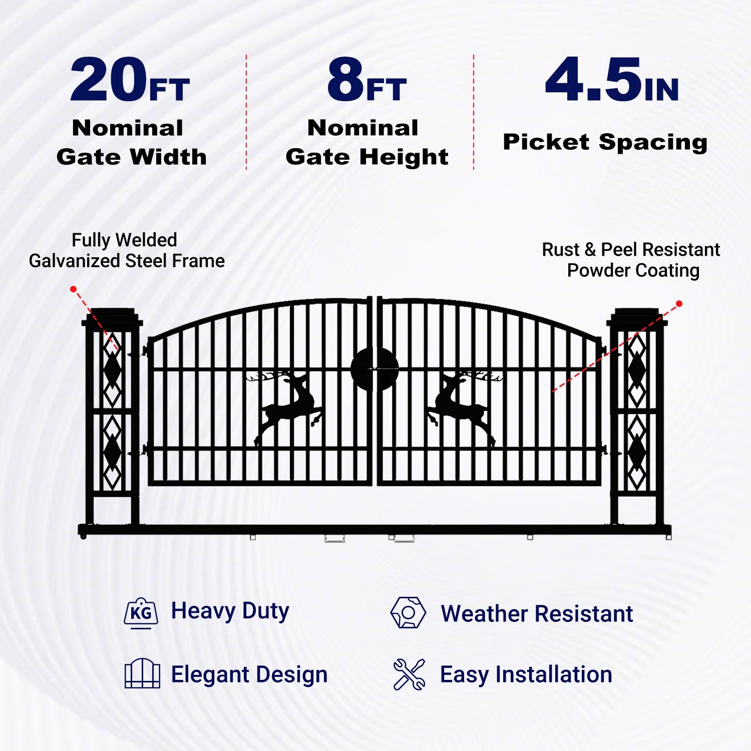 Key features of 20 ft Dual Swing Driveway Gate with Ornamental Posts