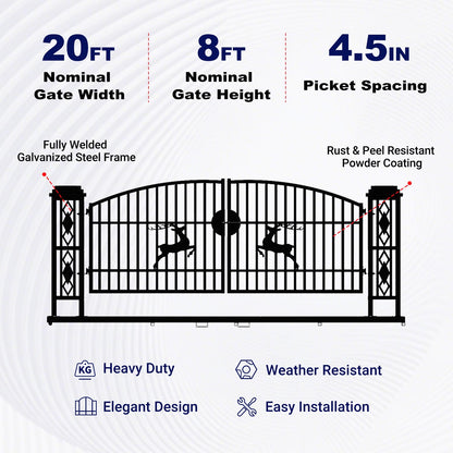 Key features of 20 ft Dual Swing Driveway Gate with Ornamental Posts