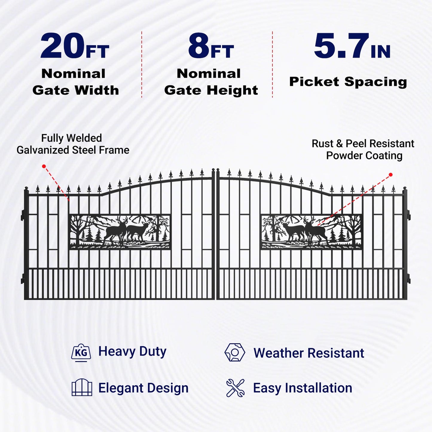 Key Features of 20ft Dual Swing Driveway Gate with Rectangular Deer Pattern