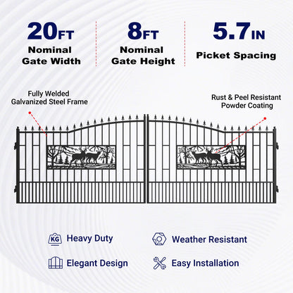 Key Features of 20ft Dual Swing Driveway Gate with Rectangular Deer Pattern