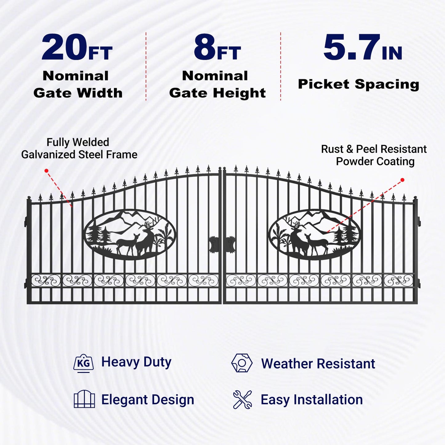 Key Features of 20x8 ft Steel Dual Swing Driveway Gate