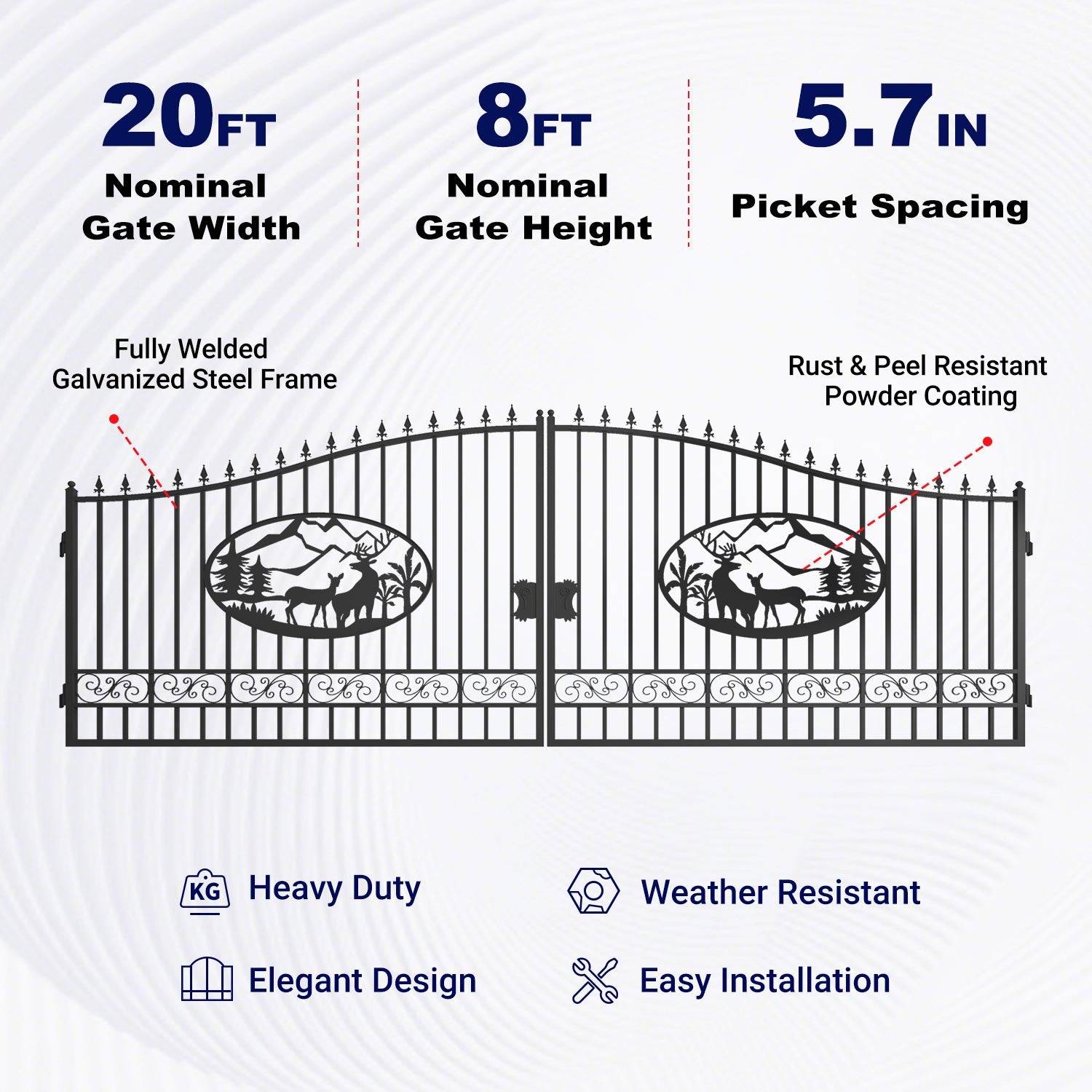 Key Features of 20x8 ft Steel Dual Swing Driveway Gate