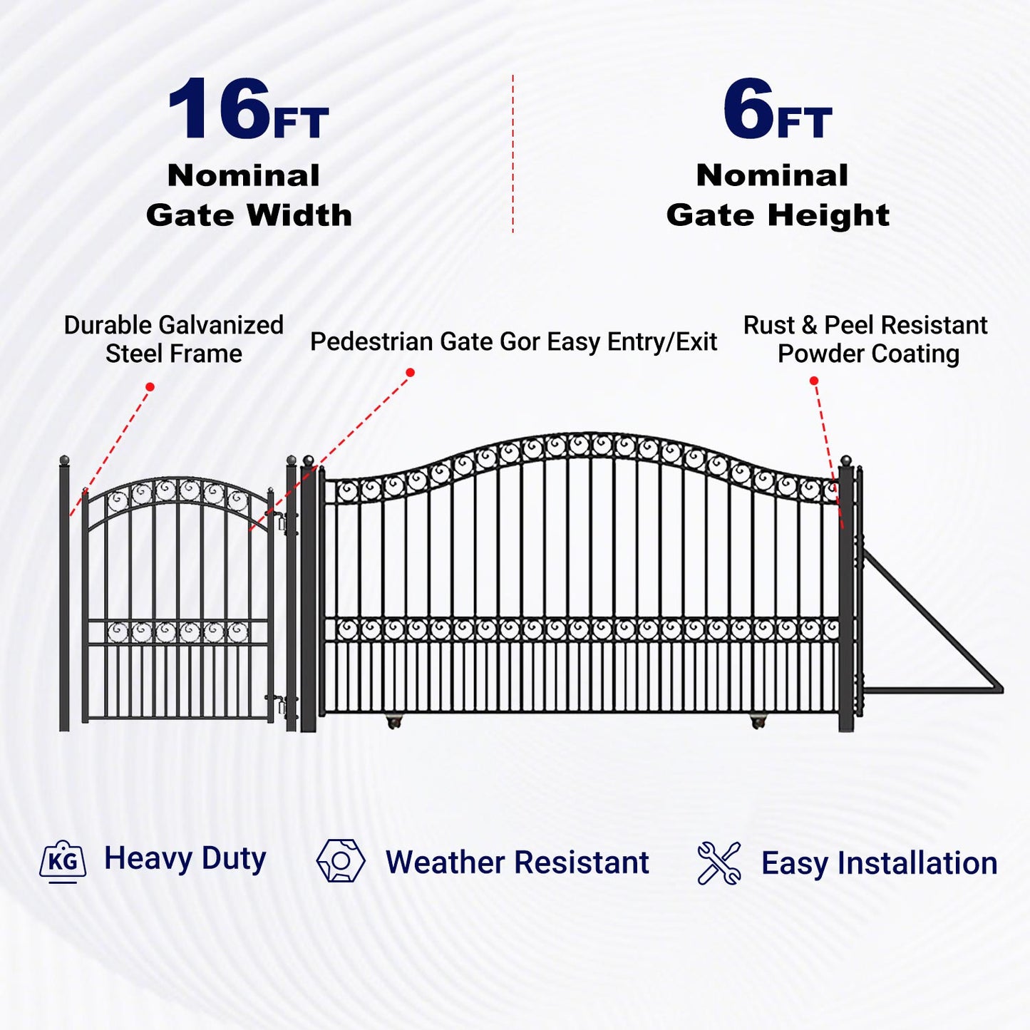 Key features of Aleko 16ft Sliding Driveway Gate with 5ft Pedestrian Gate