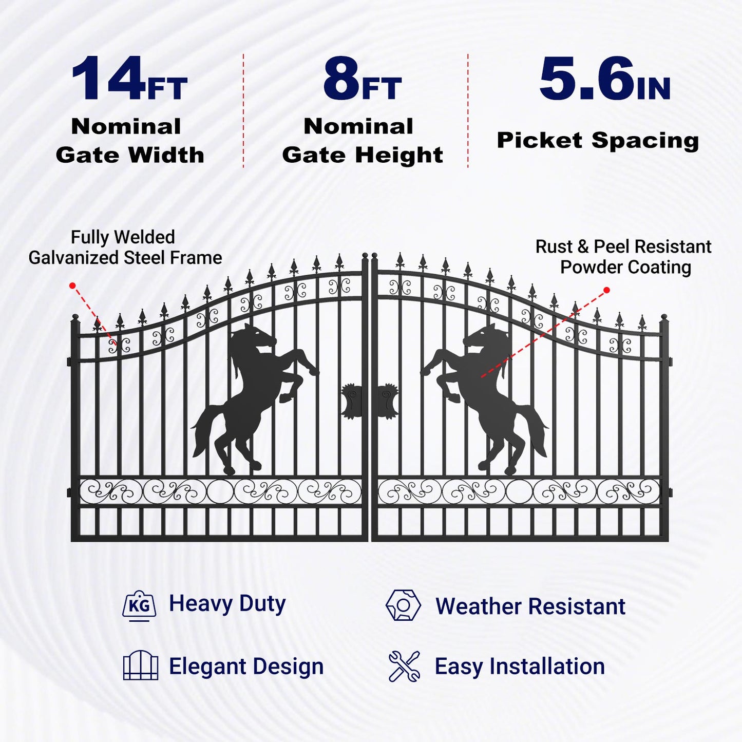 Key features of 14ft Dual Swing Driveway Gate with Horse Pattern