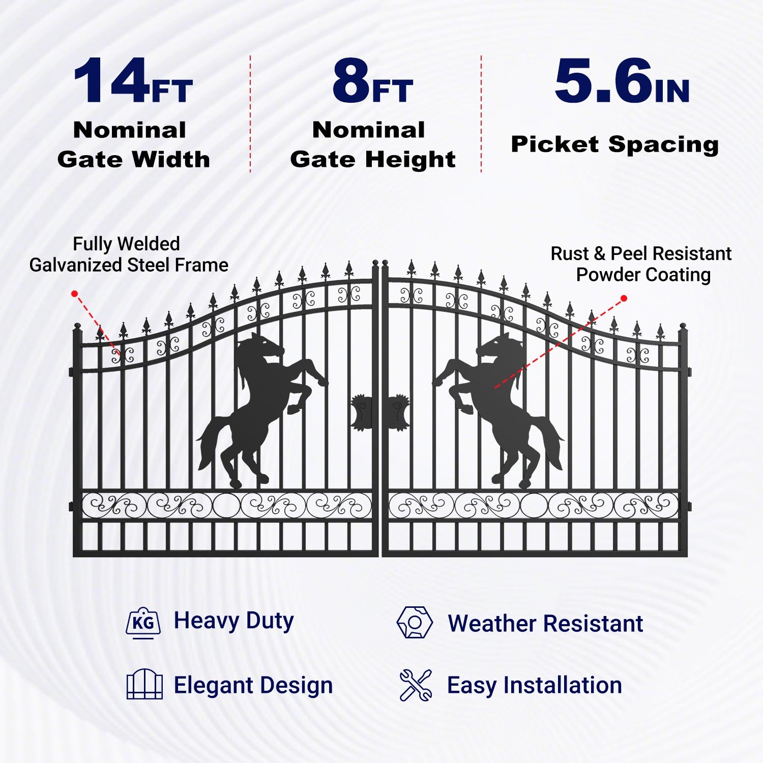 Key features of 14ft Dual Swing Driveway Gate with Horse Pattern