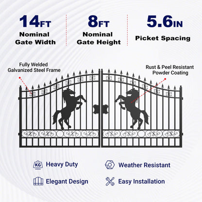 Key features of 14ft Dual Swing Driveway Gate with Horse Pattern