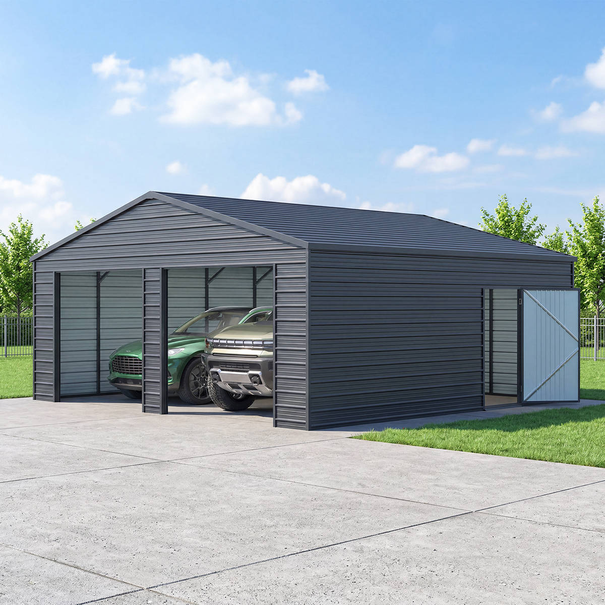 Metal carport with two cars parked inside on a clear day