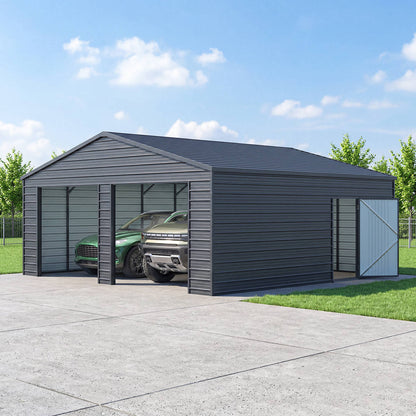 Metal carport with two cars parked inside on a clear day