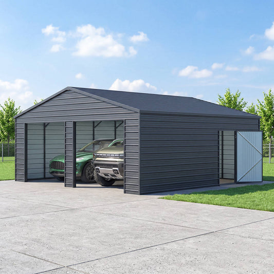 Metal carport with two cars parked inside on a clear day