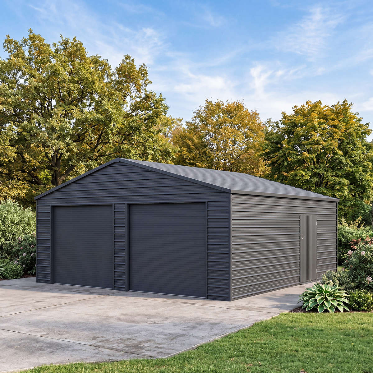 22’ x 23’ Metal Garage with Double Roll-Up Door & Side Door