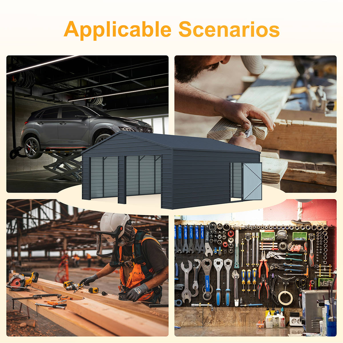 Collage of scenarios including a car, a storage shed, construction work, and tools on a wall.