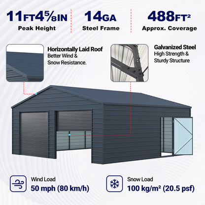 22’ x 23’ Metal Garage with Double Roll-Up Door & Side Door