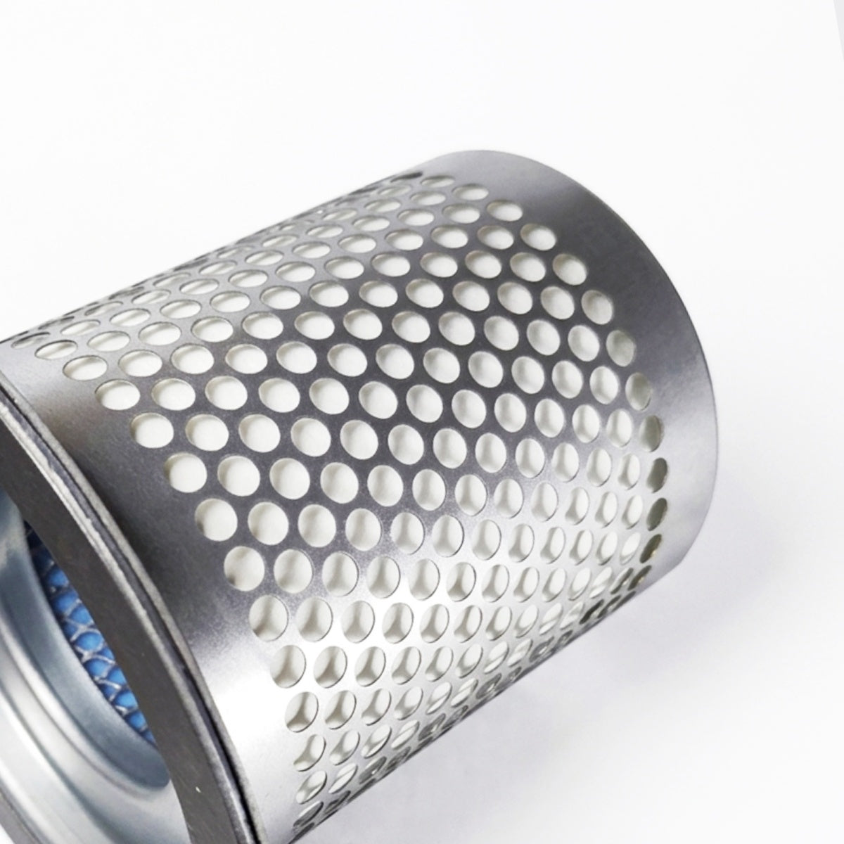 A close-up of a cylindrical metal filter element