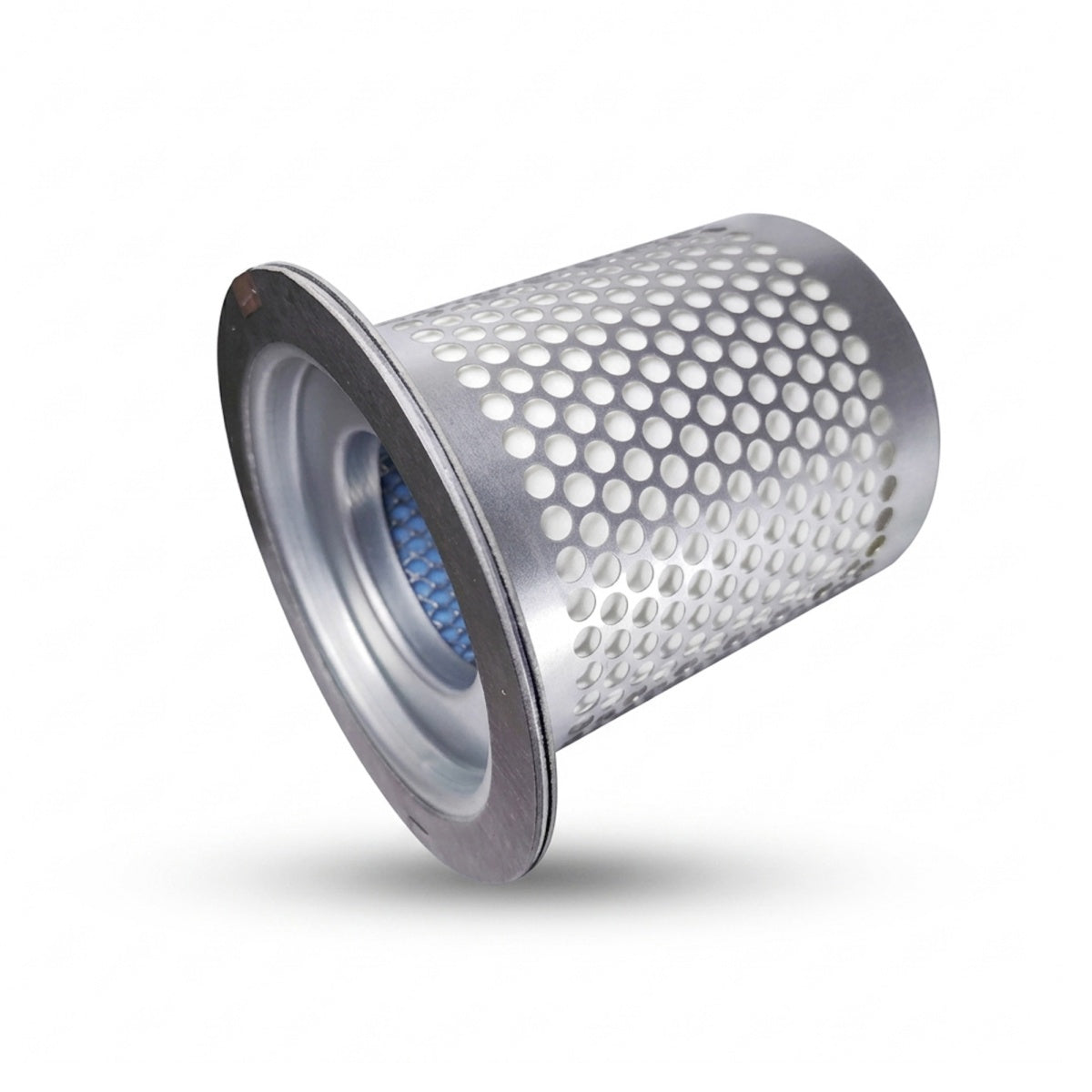 A cylindrical metal air filter element with a perforated silver mesh body