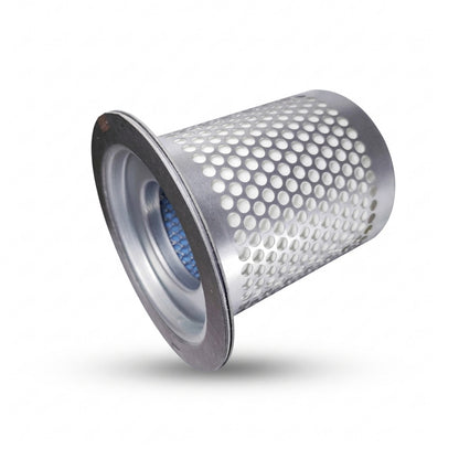 A cylindrical metal air filter element with a perforated silver mesh body