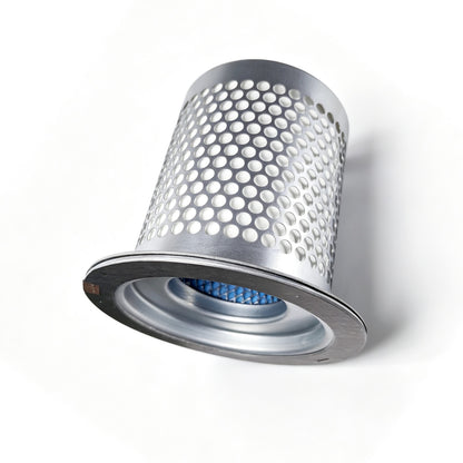 A cylindrical metal mesh filter cartridge with a blue pleated filter element visible inside, shown on a clean white background.