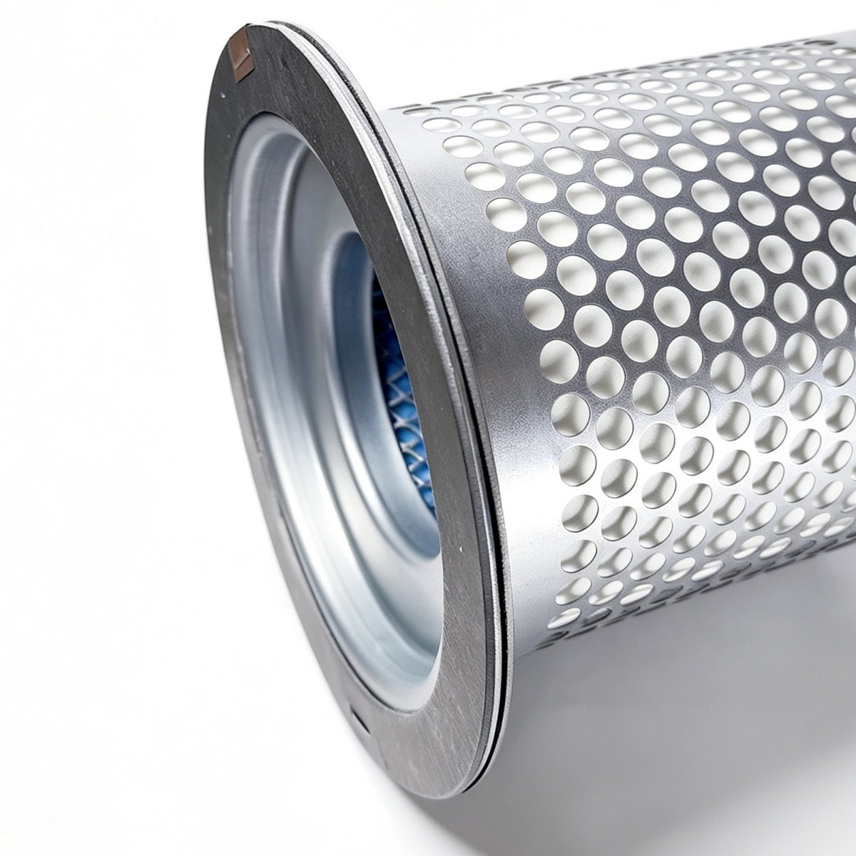A close-up of a cylindrical metal filter