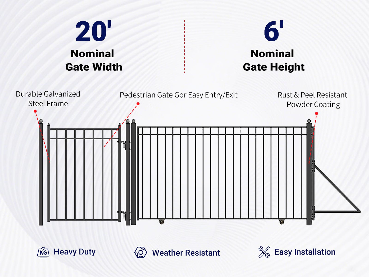 Overview of features of 20ft Steel Sliding Driveway Gate with 5ft Pedestrian Gate