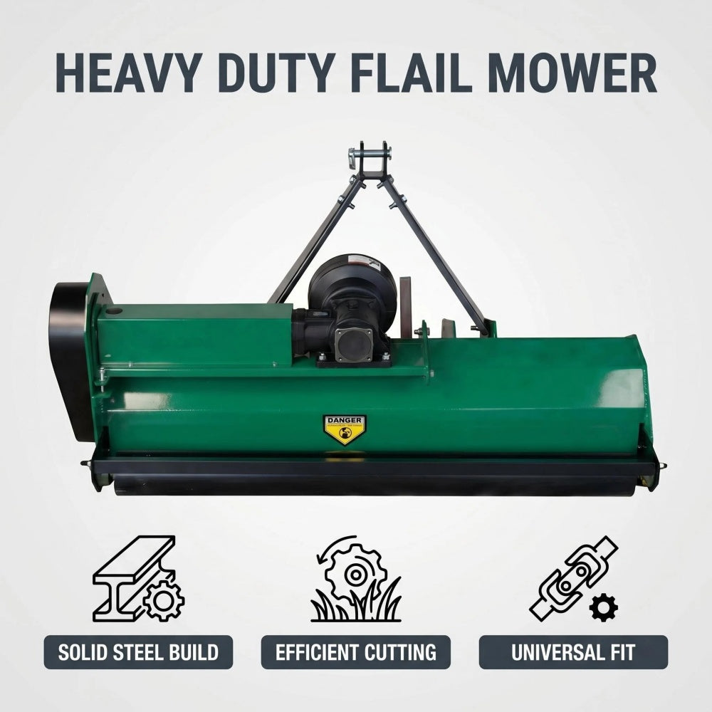 A heavy-duty flail mower machine with a green body, black components, and a small yellow warning label, shown on a light gray background with the text 'HEAVY DUTY FLAIL MOWER' and three feature icons below.